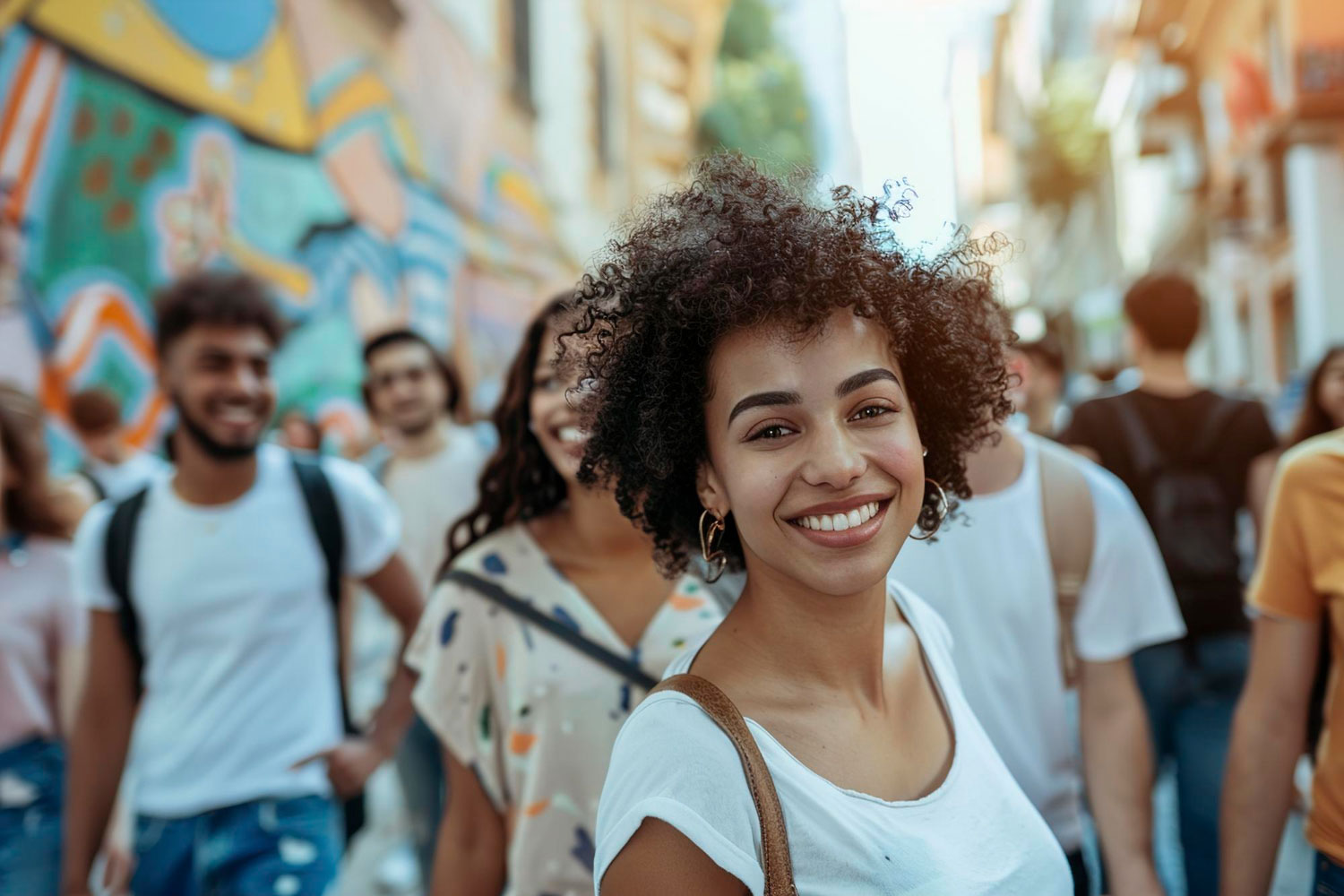 Grupo diverso reunido em ambiente comunitário, simbolizando felicidade coletiva
